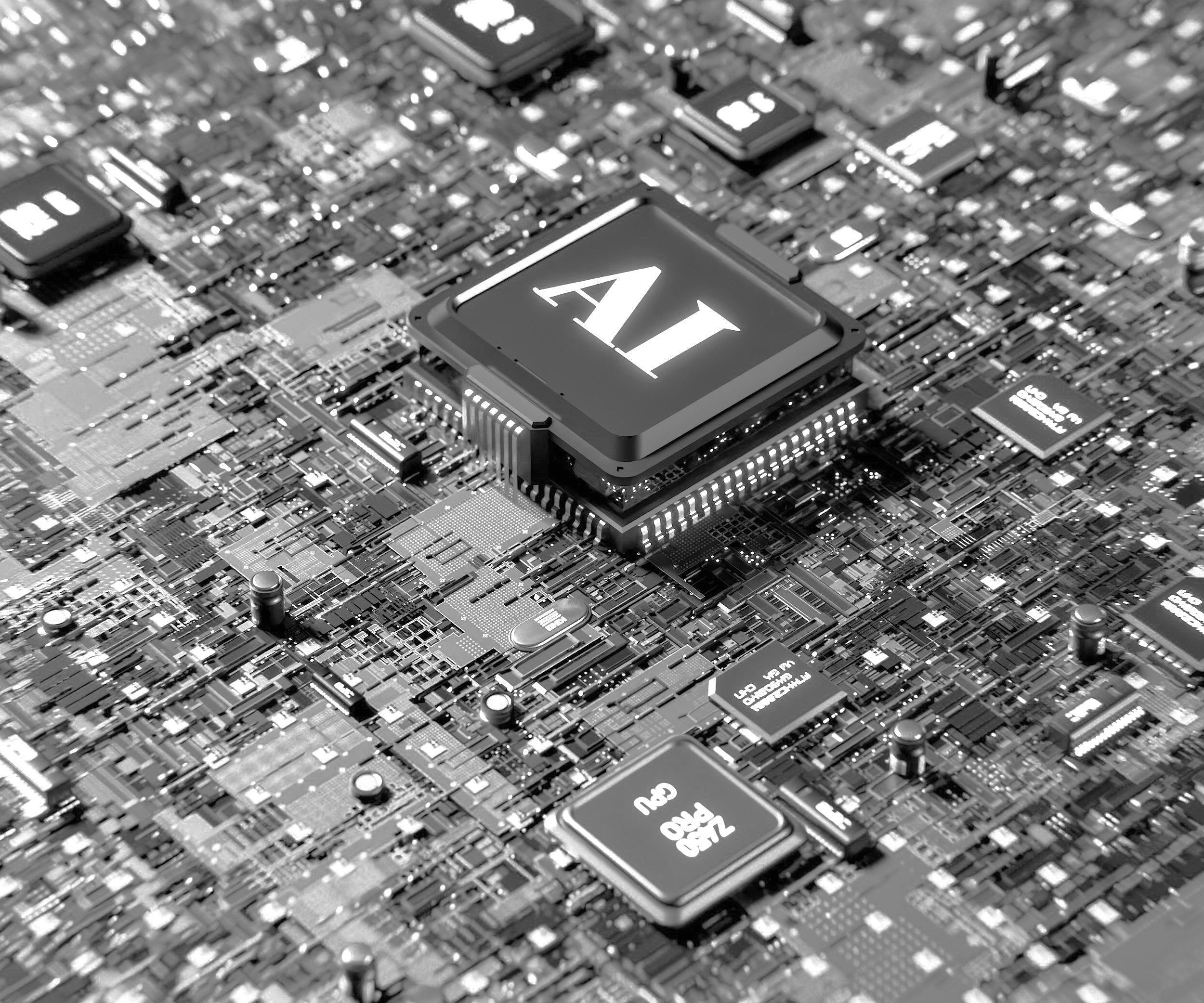 Close-up of a circuit board with a computer chip labeled AI